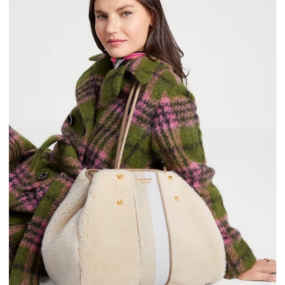Kate Spade Everything Racing Stripe Faux Shearling Large Tote In Cream Multi - Picture 16 of 16